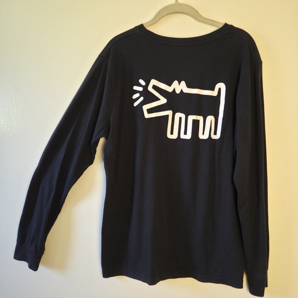 Keith Haring Art T-Shirt Long Sleeve Black Cotton Barking Dog Graphic Sz L